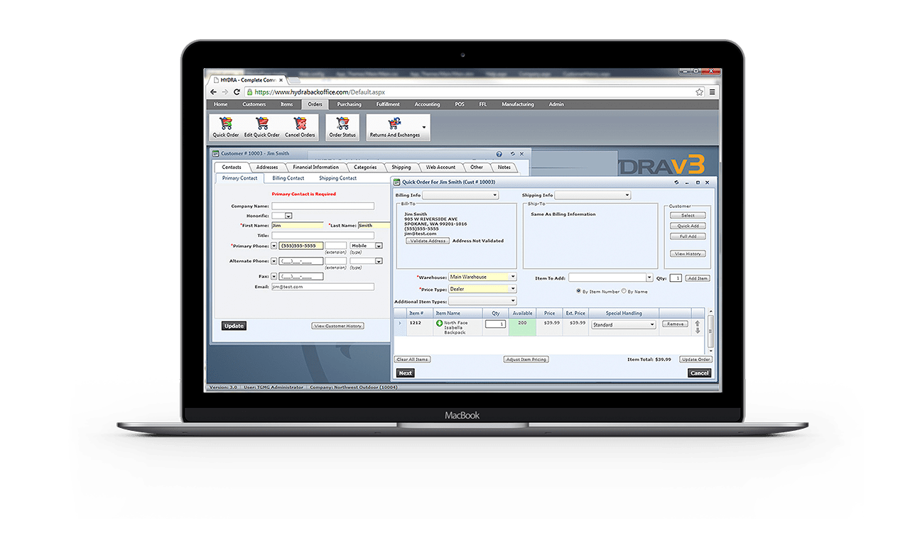 HYDRA business software running on a laptop